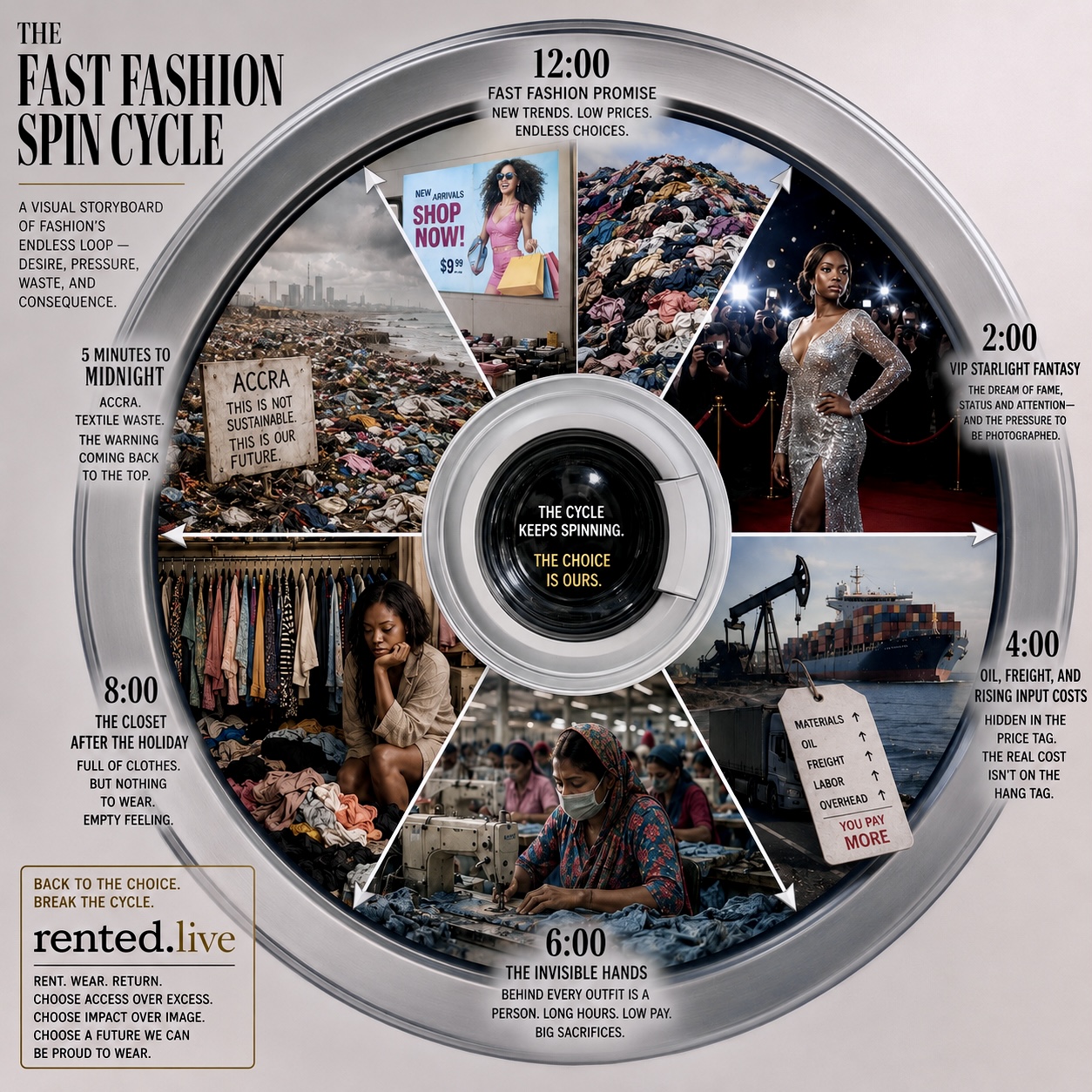 The Fast Fashion Spin Cycle — a washing-machine storyboard mapping fashion's loop of desire, pressure, hidden costs, garment workers, overflowing closets, and textile waste in Accra