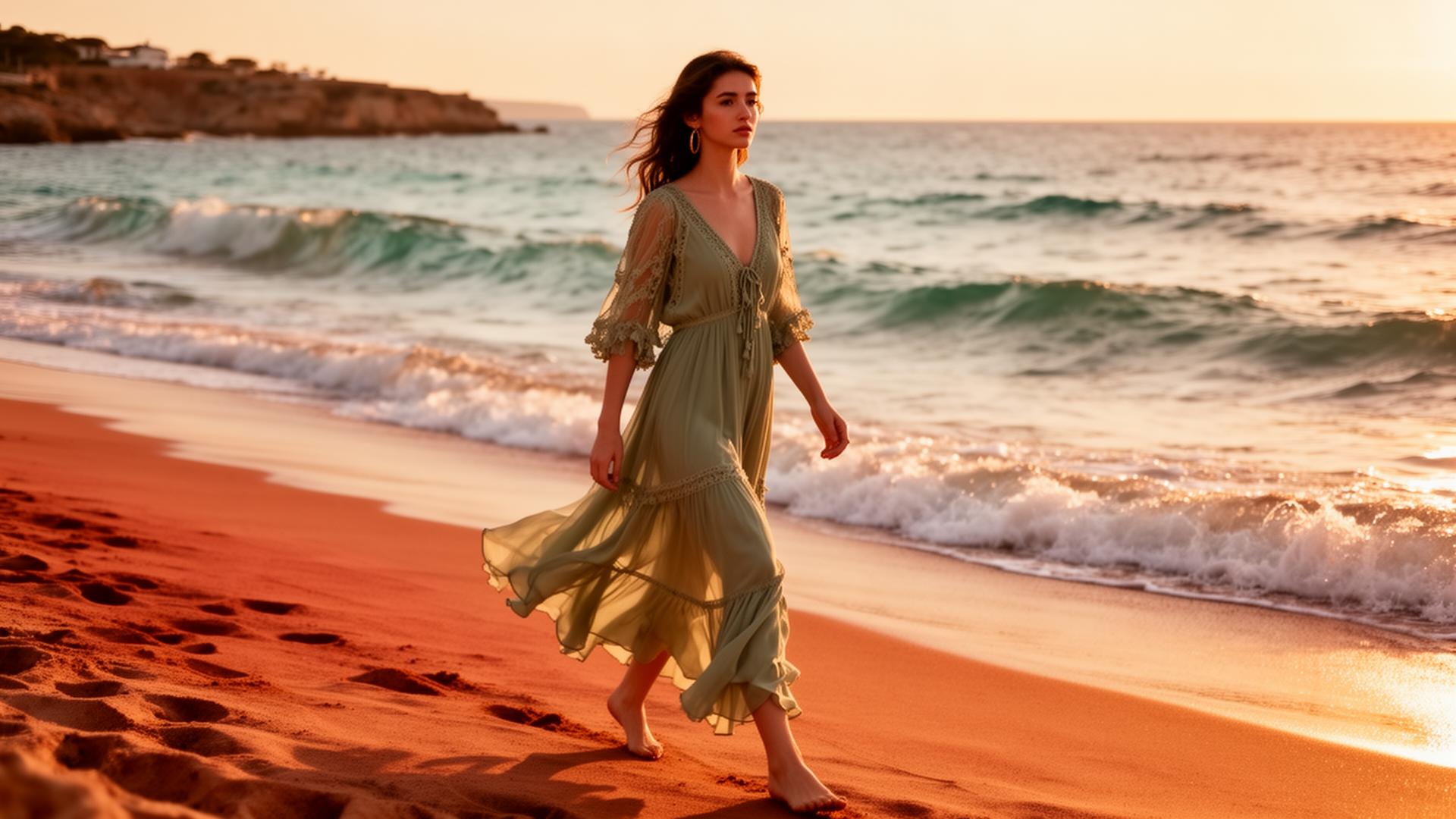 Woman in flowing dress walking on Ibiza beach at sunset