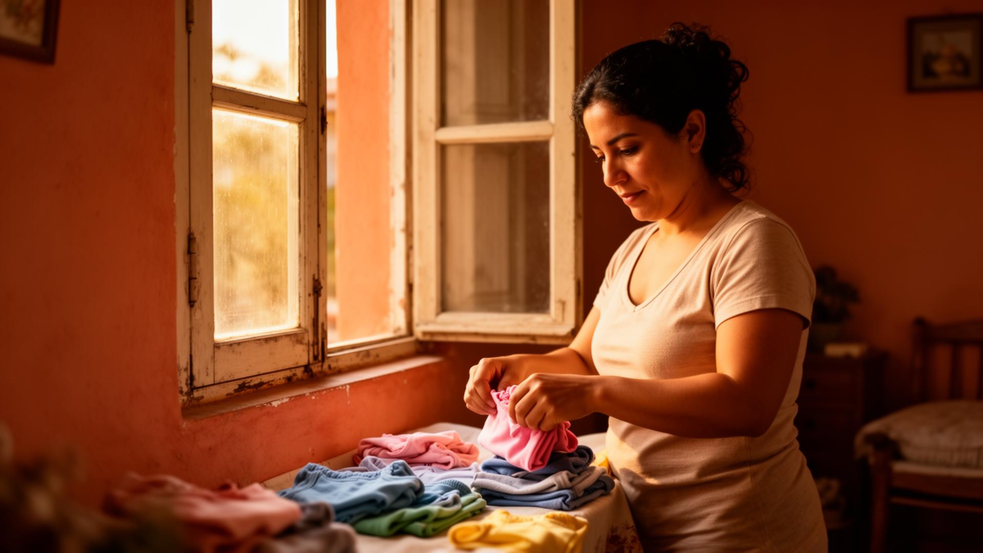 A woman folding small children's clothes by a sunlit window in a warm Mediterranean apartment