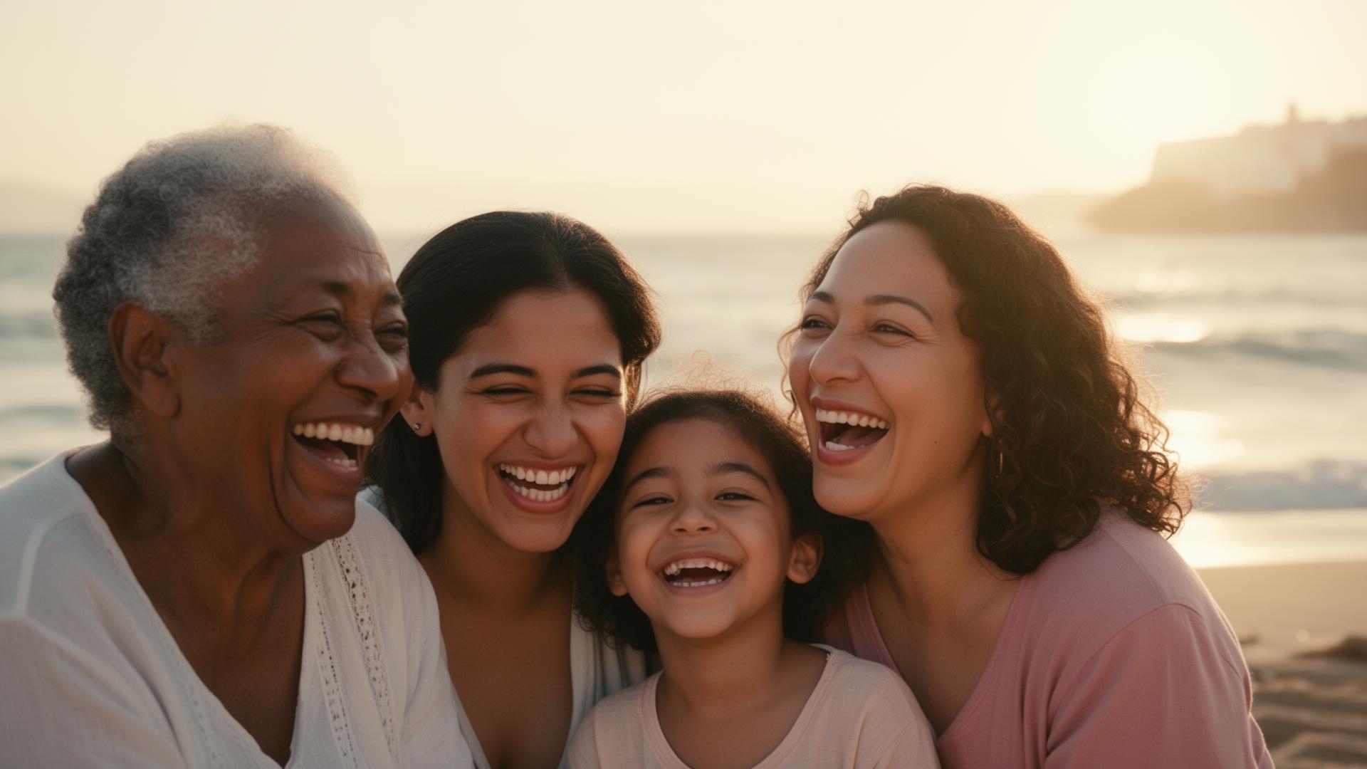 A grandmother, mother and daughter laughing together on an Ibiza beach at golden hour