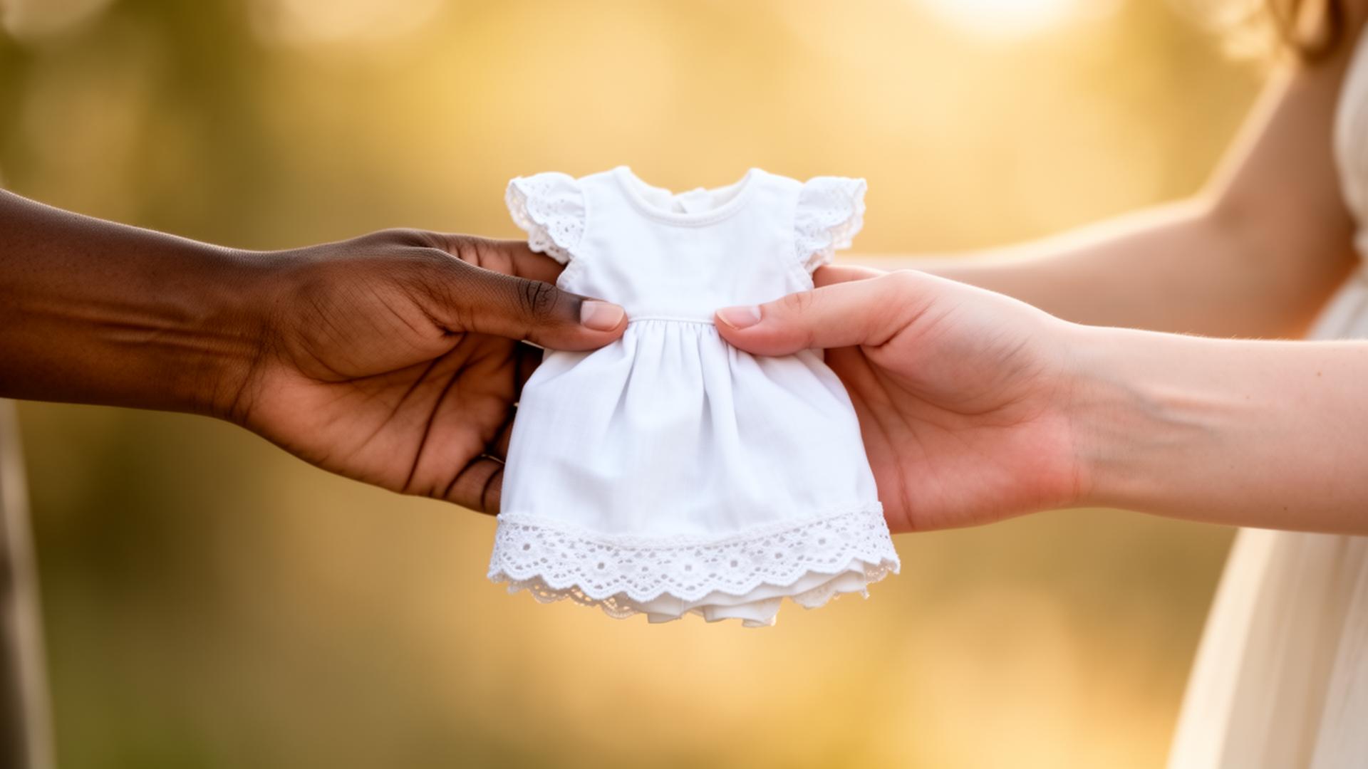 Hands of two women of different skin tones exchanging a small folded white child's dress