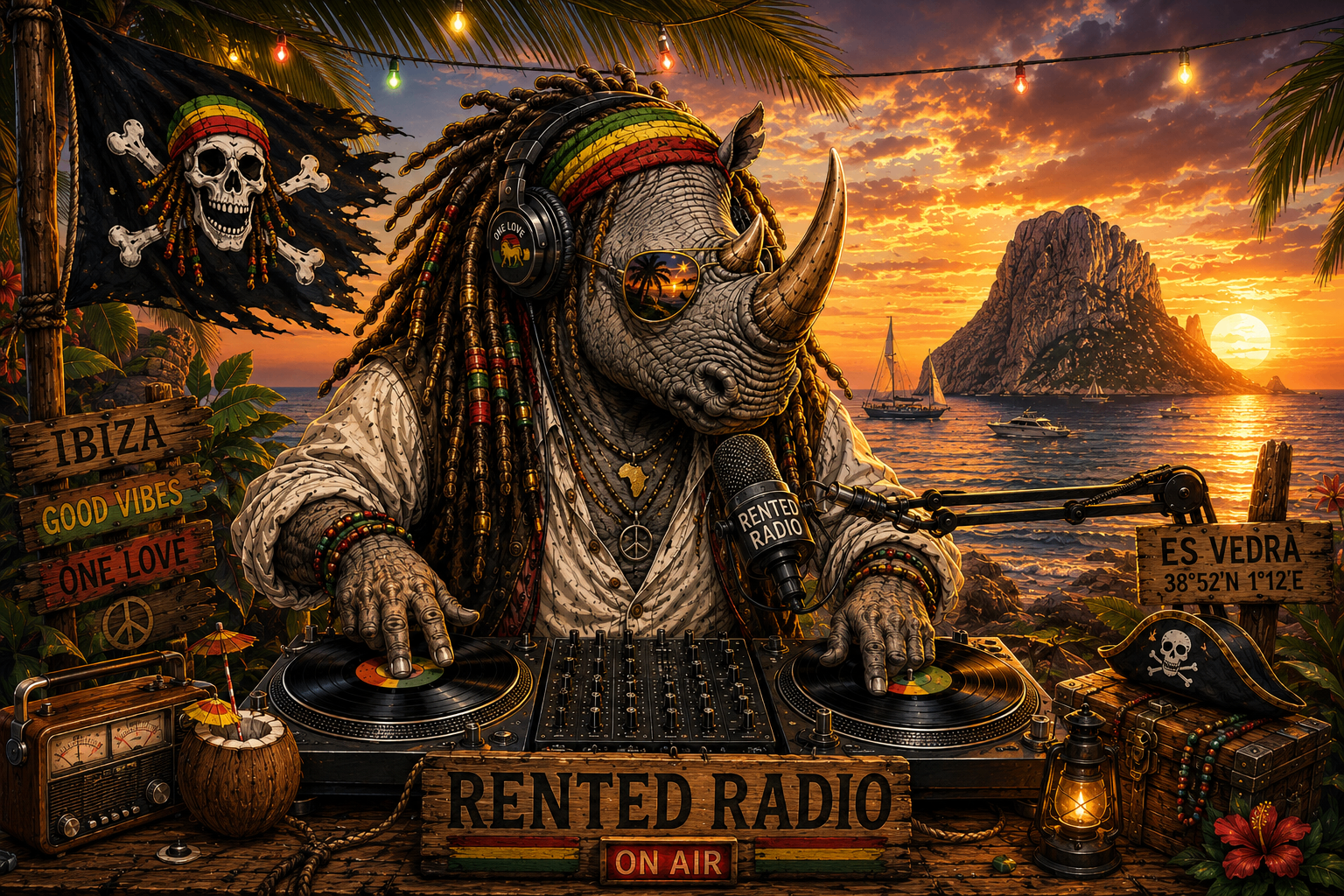 Rafa & DJ — Rastafarian rhinoceros DJ Jolly Roger flag with Es Vedrà sunset over Ibiza