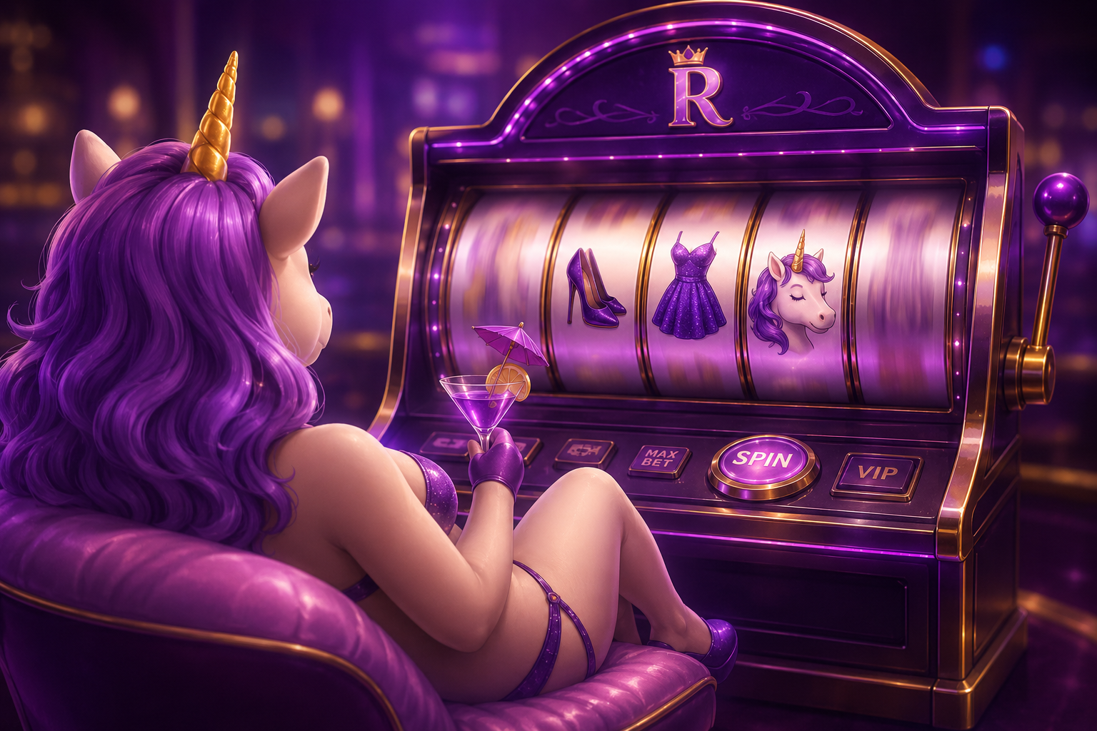 A purple unicorn in a Rented.live slot machine, spinning a dress, heels and a unicorn symbol