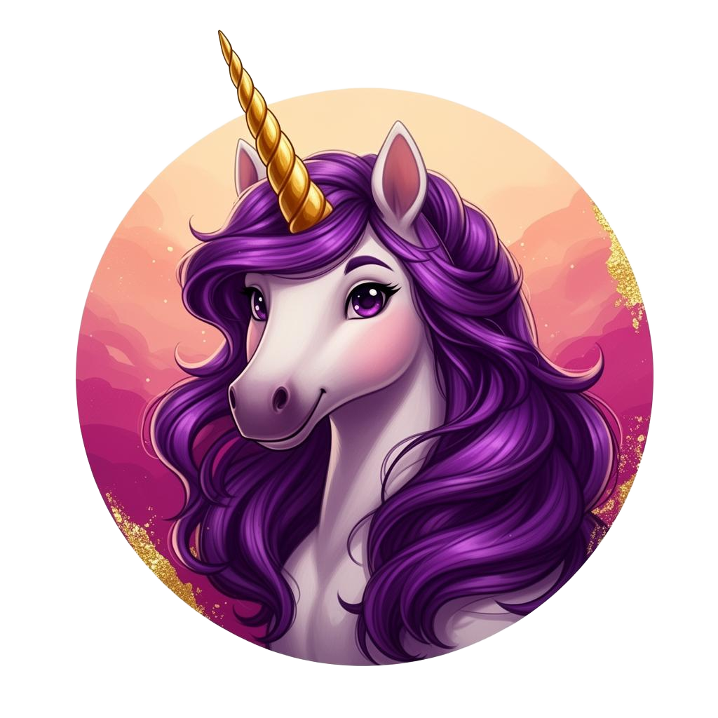 UniQue-Chic — purple-haired unicorn mascot with a golden horn