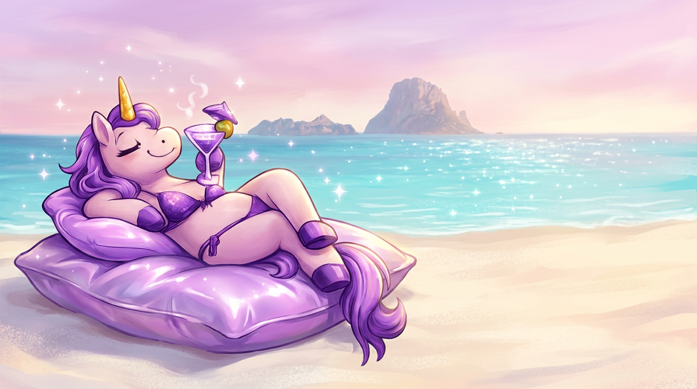 UniQue-Chic, a purple unicorn in a martini glass, lounging on a silk cushion on an Ibiza beach at golden hour with Es Vedrà in the distance